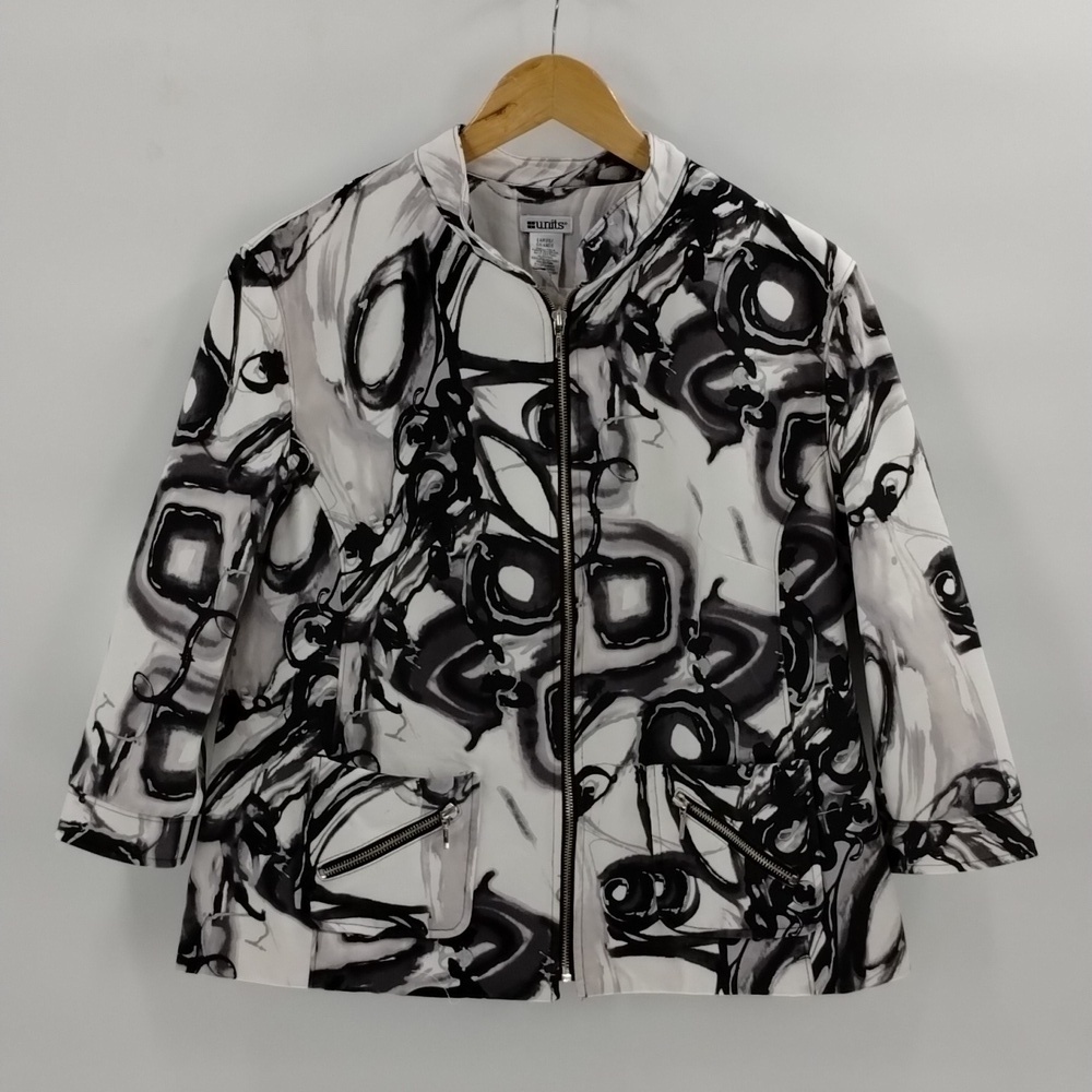 Units blazer statement jacket full zip size large black white gray pleated back